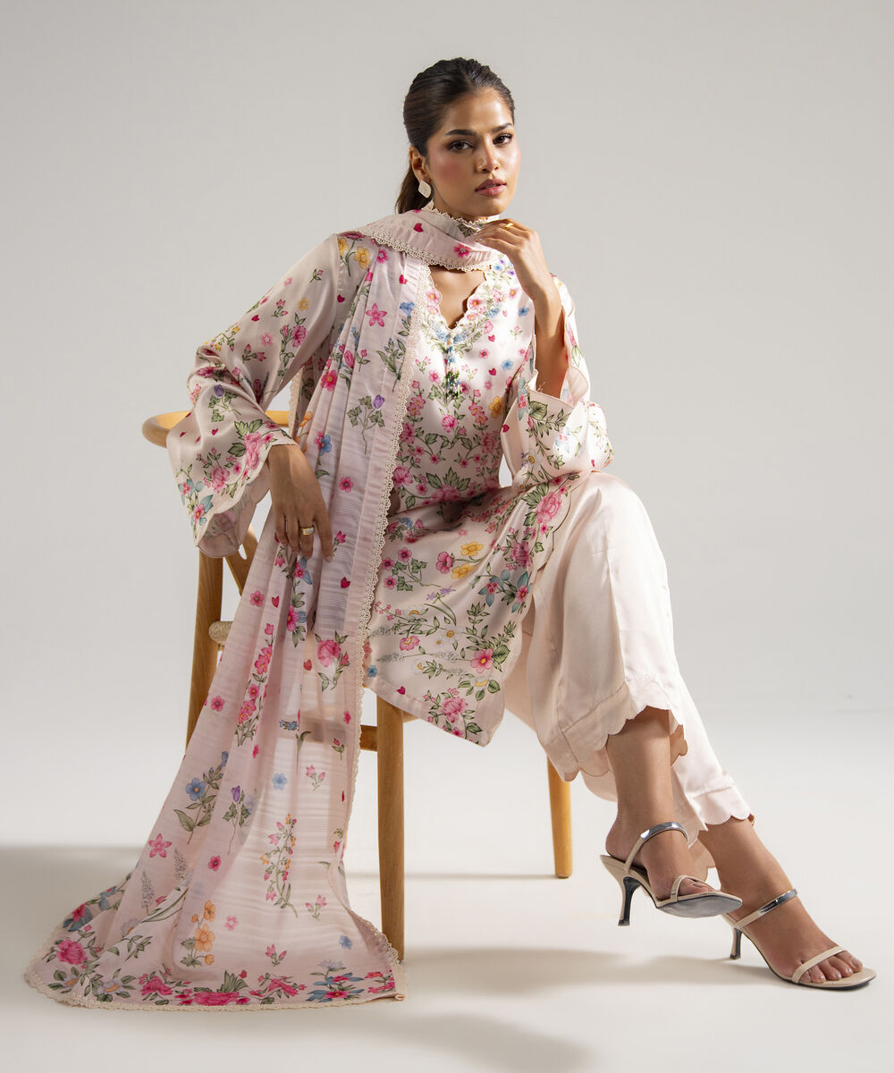Women's RTW Blended Satin Printed Pink 3 Piece Suit