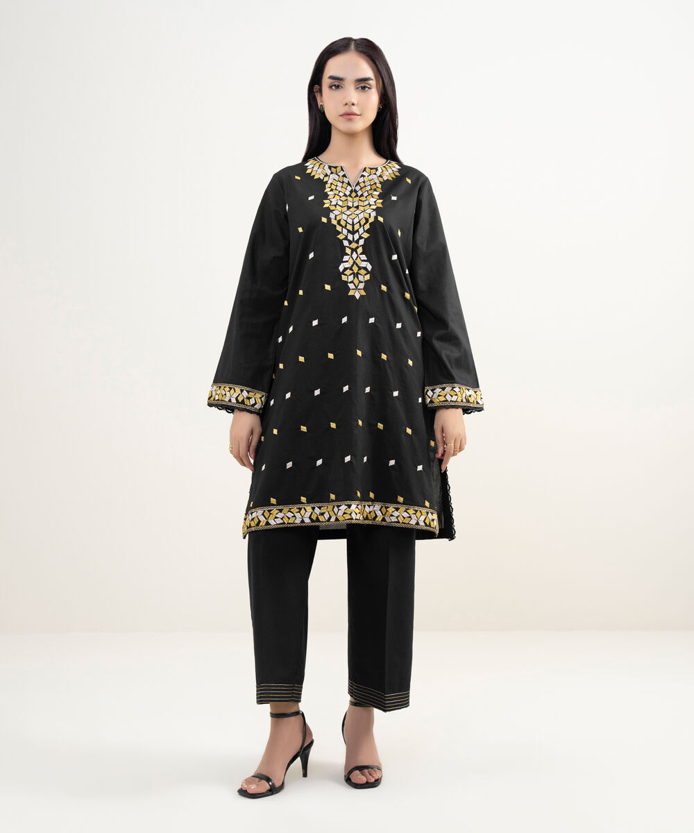 Women's RTW Dobby Embroidered Black Straight Shirt