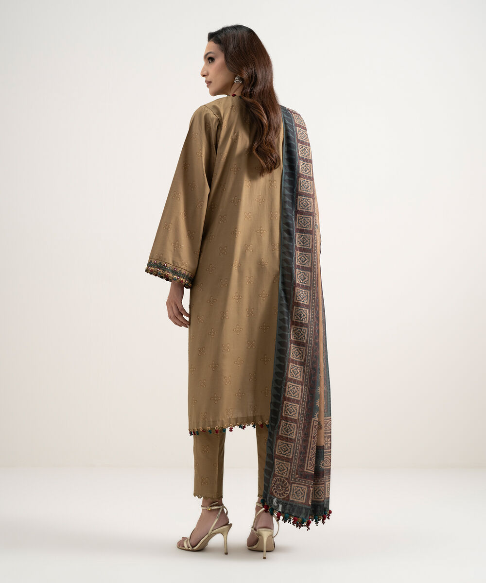 Women's Unstitched Lawn Embroidered Brown 3 Piece Suit