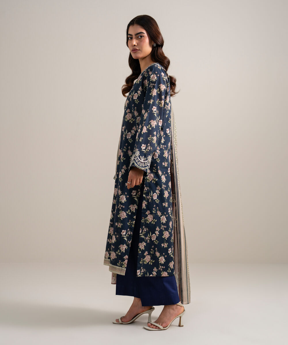 Women's Unstitched Lawn Embroidered Blue 3 Piece Suit