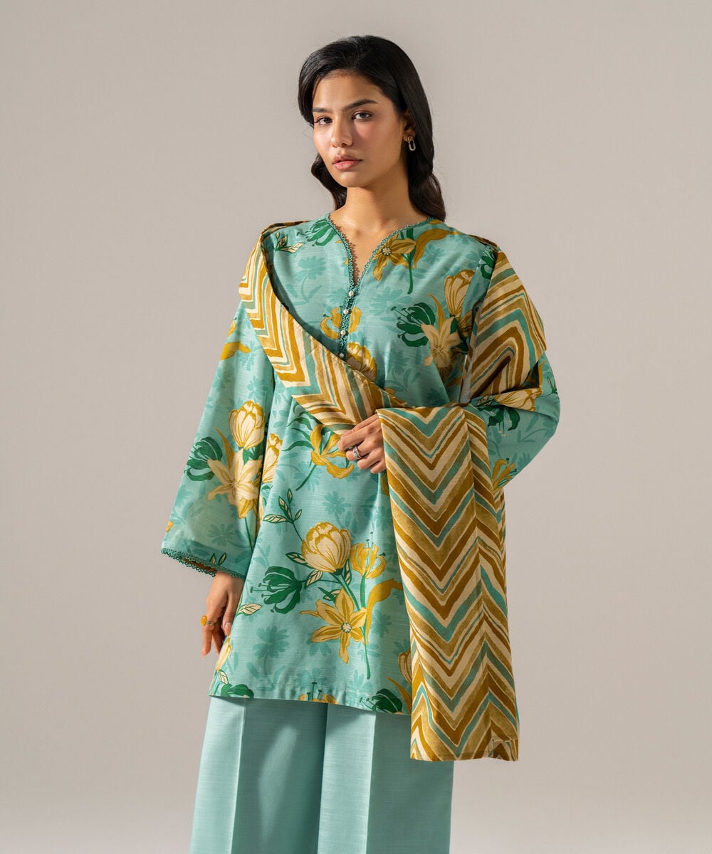 Women's RTW Khaddar Printed Seafoam Green 3 Piece Suit