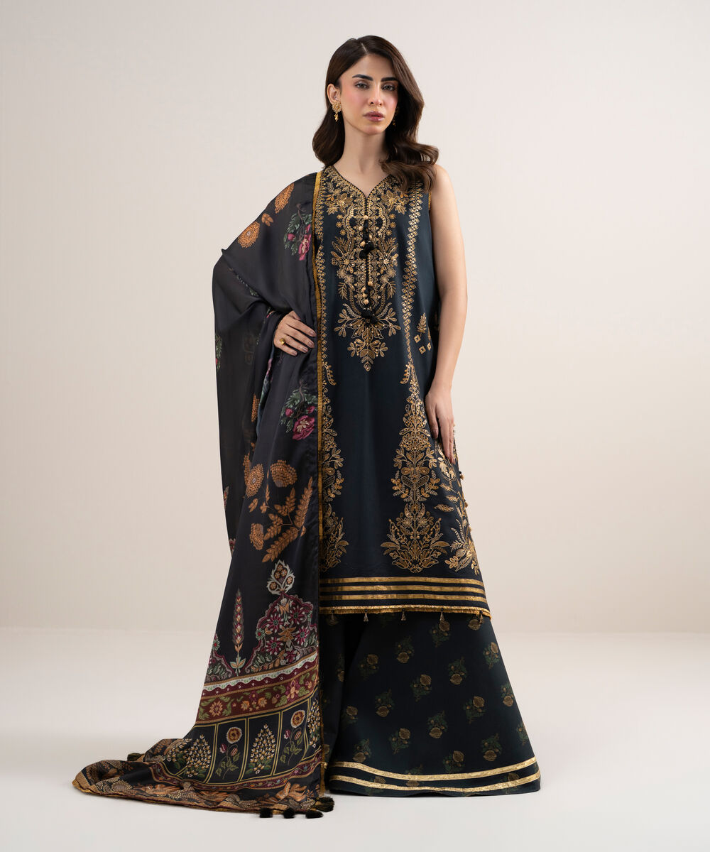 Women's Unstitched Dobby Embroidered Black 3 Piece Suit