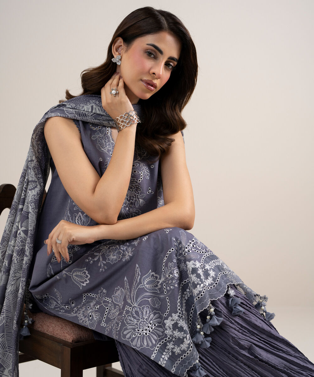 Women's Unstitched Textured Lawn Embroidered Purple 3 Piece Suit