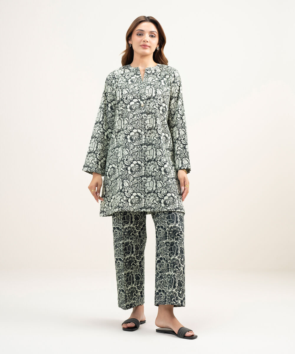 Women's RTW Seersucker Printed Black Straight Shirt