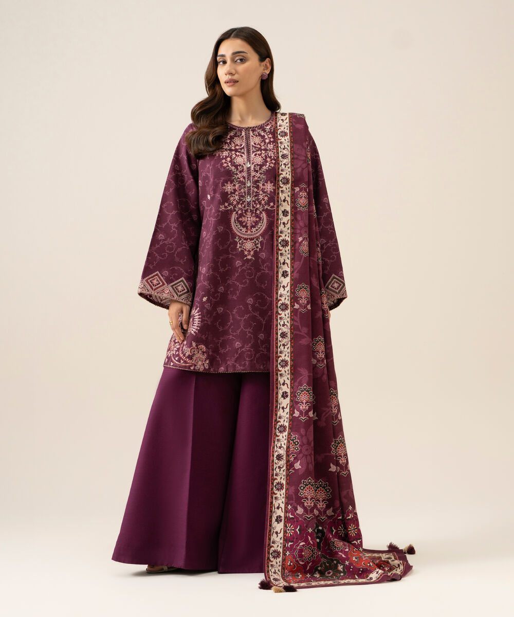 Women's Unstitched Light Khaddar Embroidered Plum 3 Piece Suit
