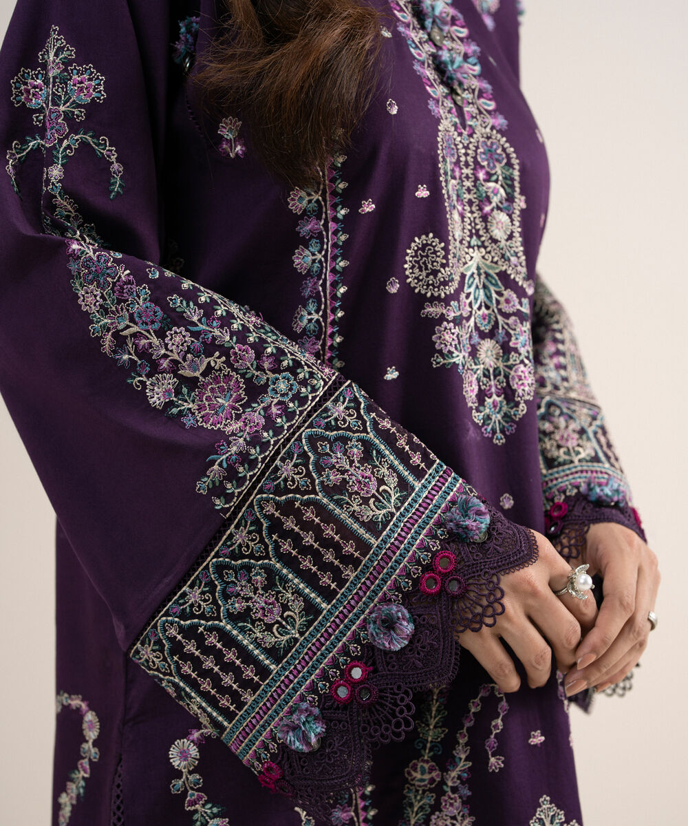 Women's Unstitched Embroidered Fine Cotton Satin Purple 3 Piece Suit