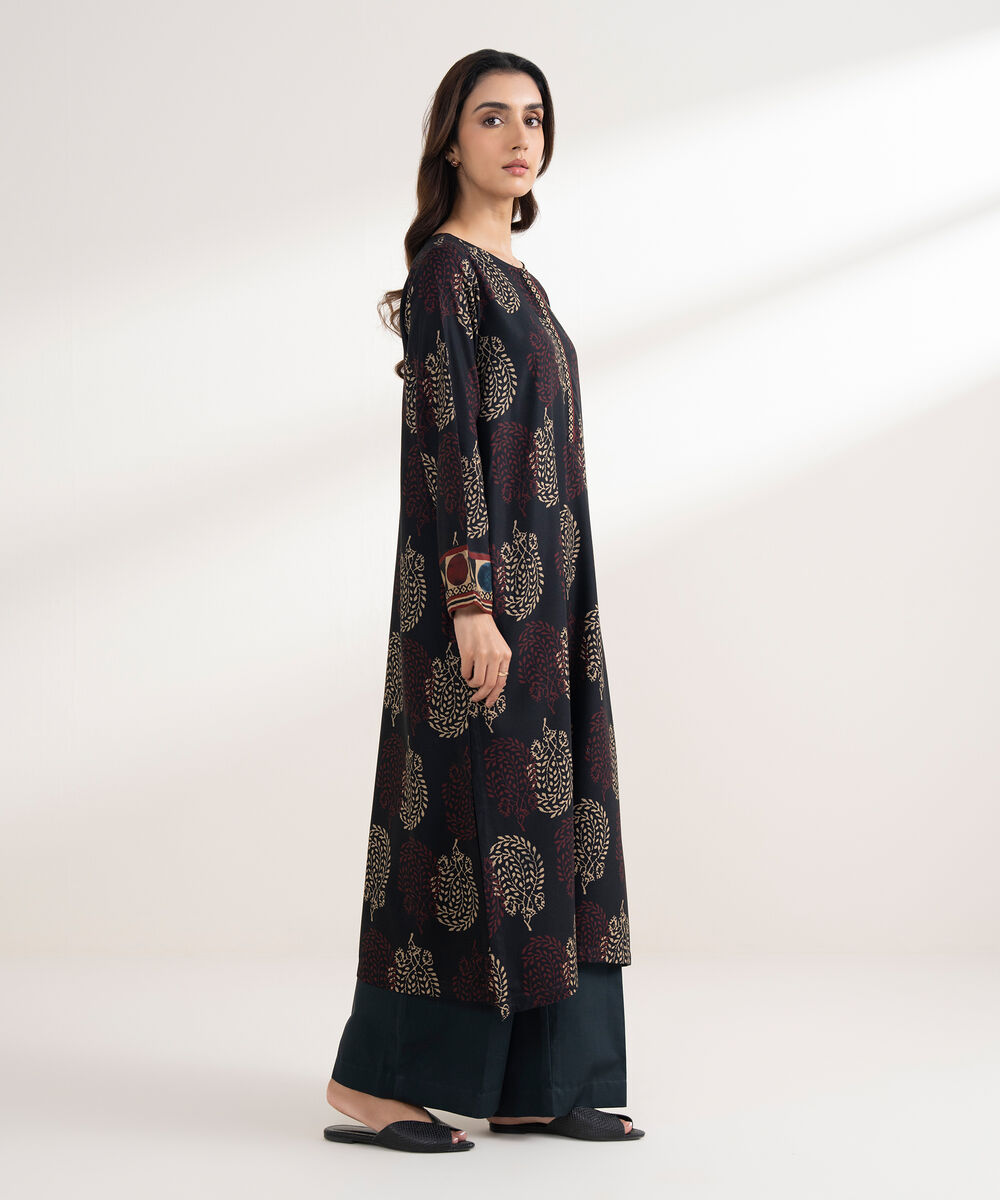 Women's RTW Viscose Linen Printed Straight Black Shirt