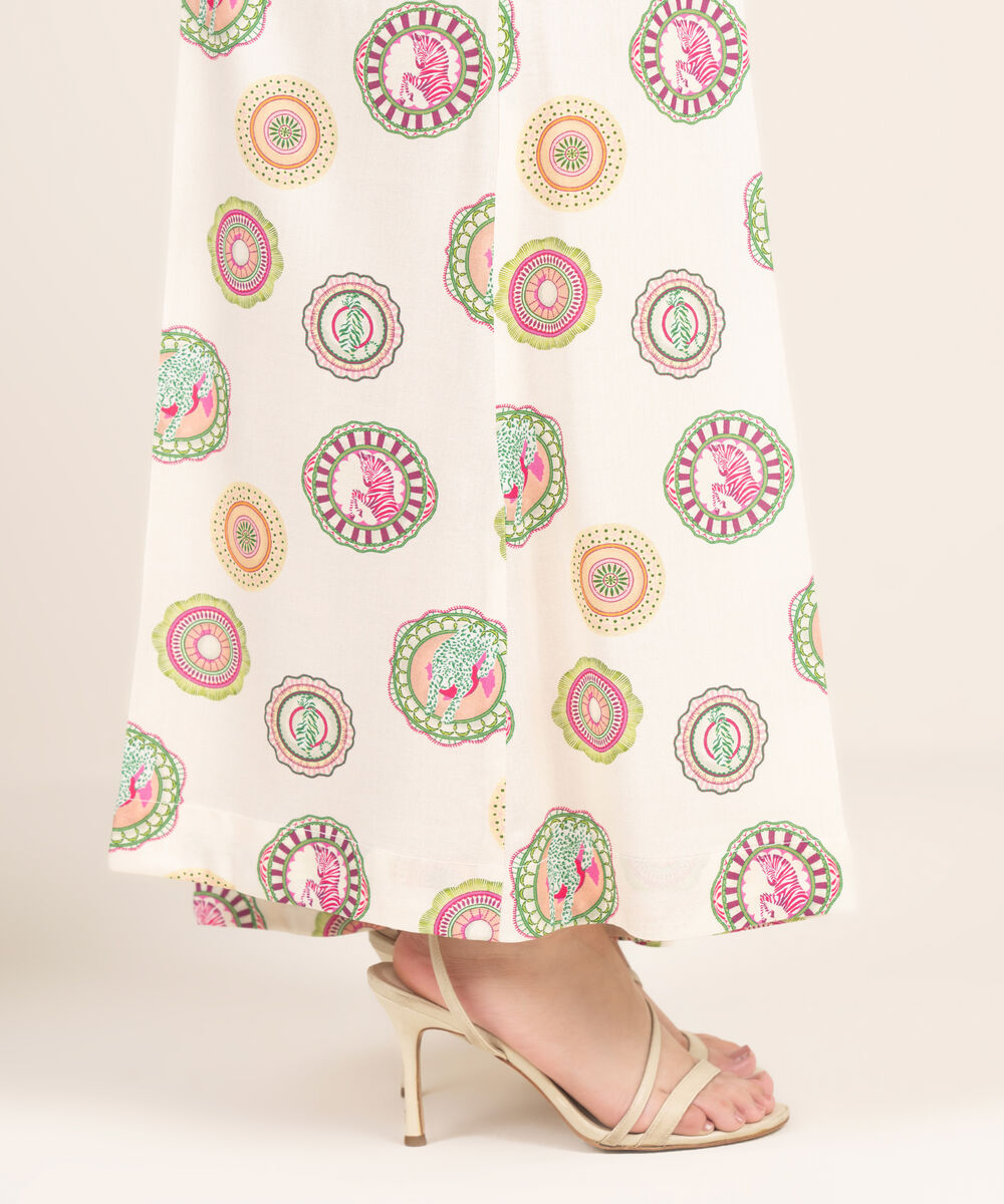 Women's RTW Linen Viscose Printed Off White Flared Pants