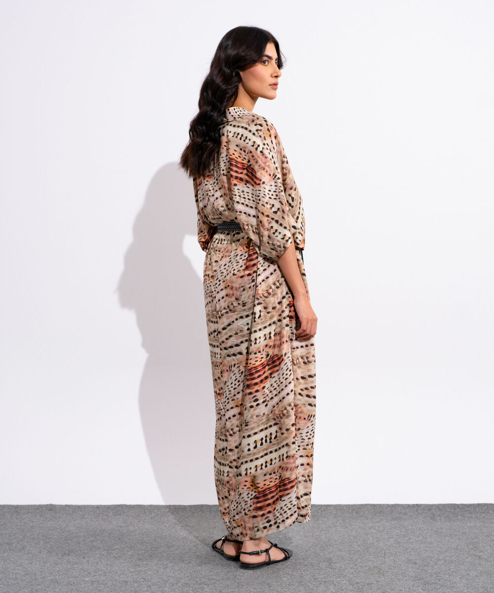 Women's Multicoloured Printed Kimono Dress With Leather Belt