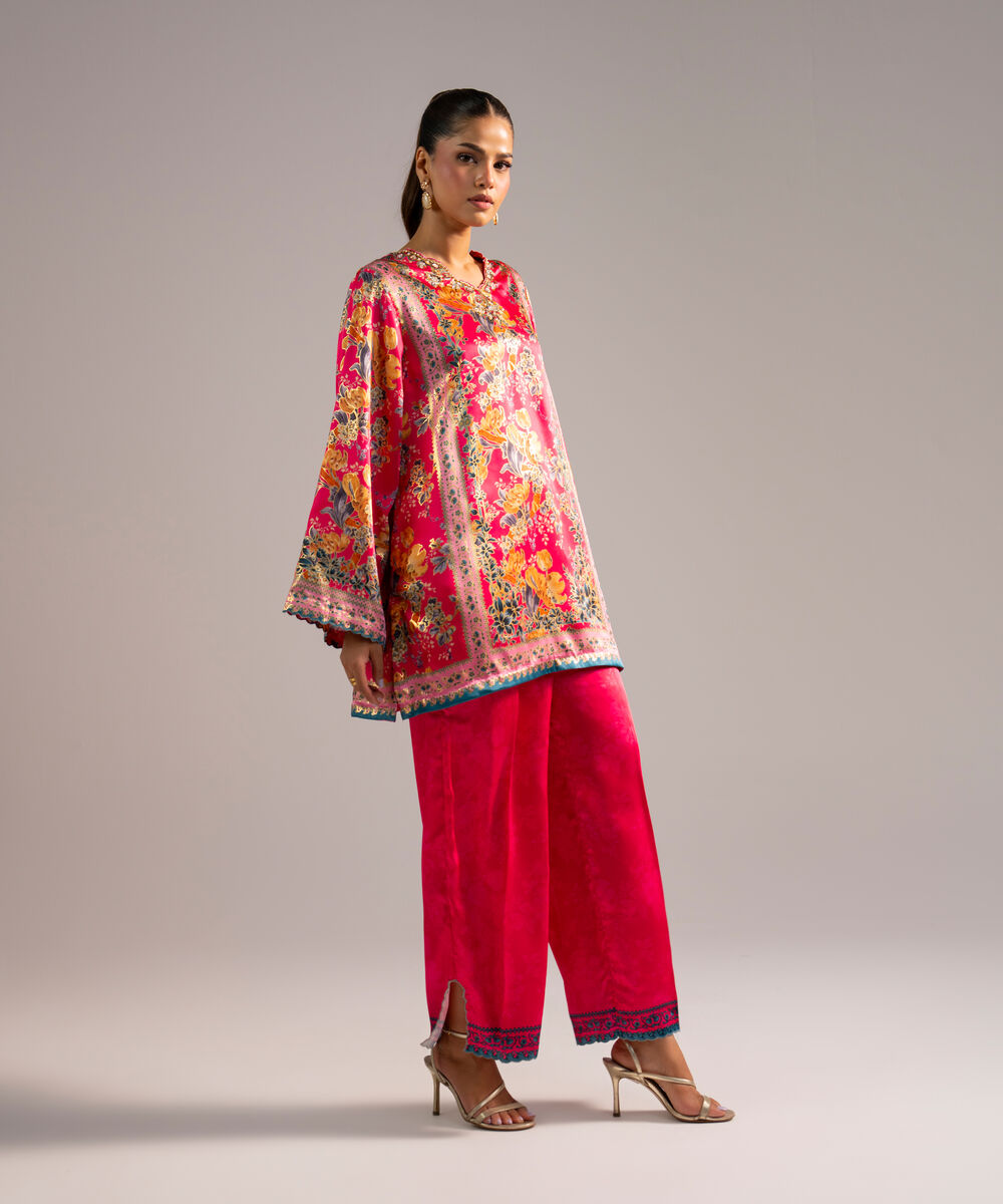 Women's RTW Blended Satin Printed Pink 2 Piece Suit