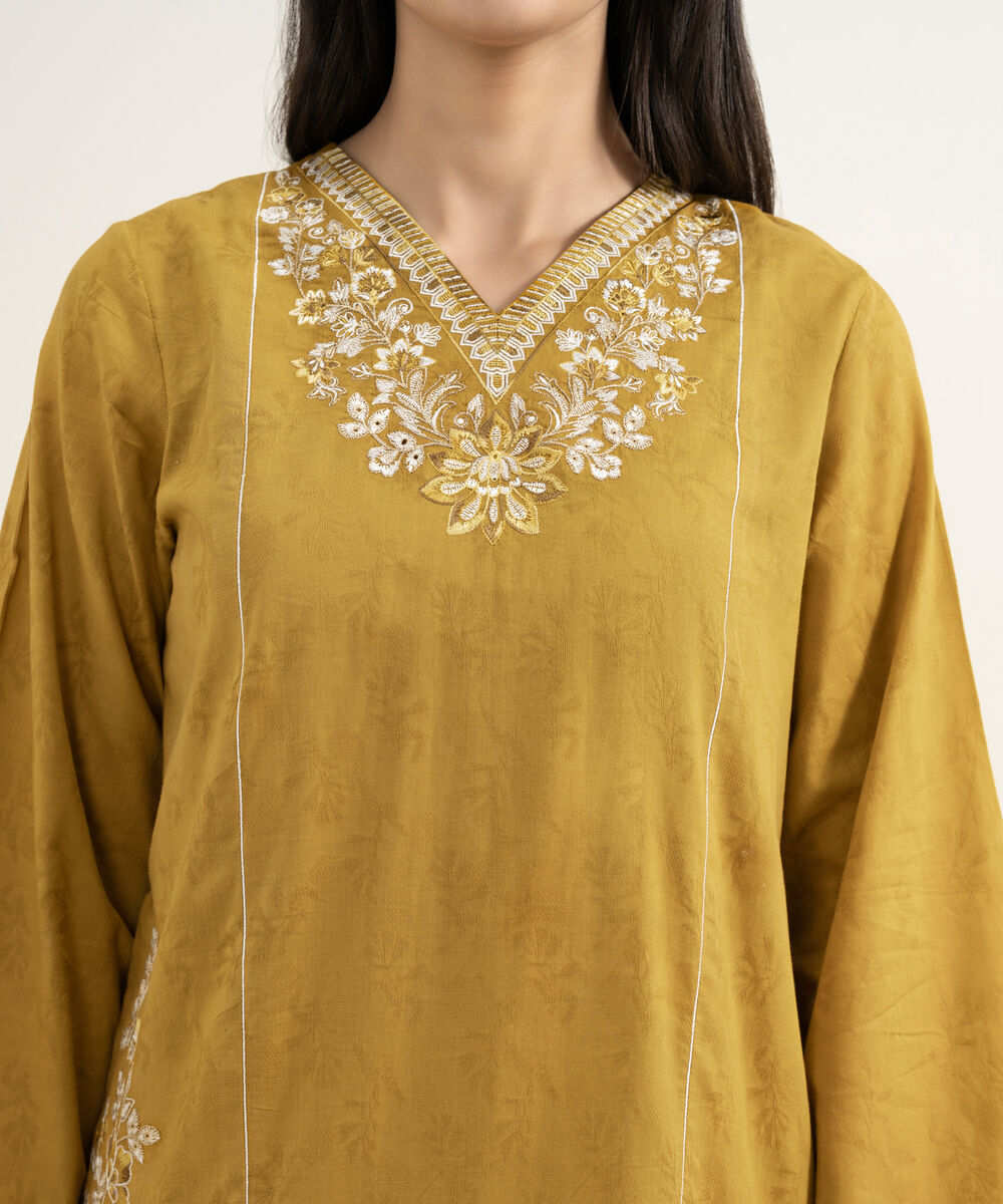 Women's RTW Self Jacquard Embroidered Yellow A-Line Shirt