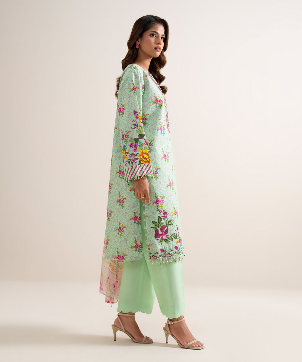 Women's Unstitched Zari Cotton Embroidered Green 3 Piece Suit