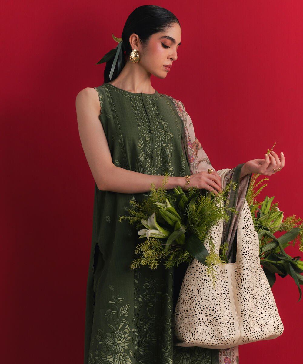 Women's Unstitched Dobby Embroidered Green 3 Piece Suit