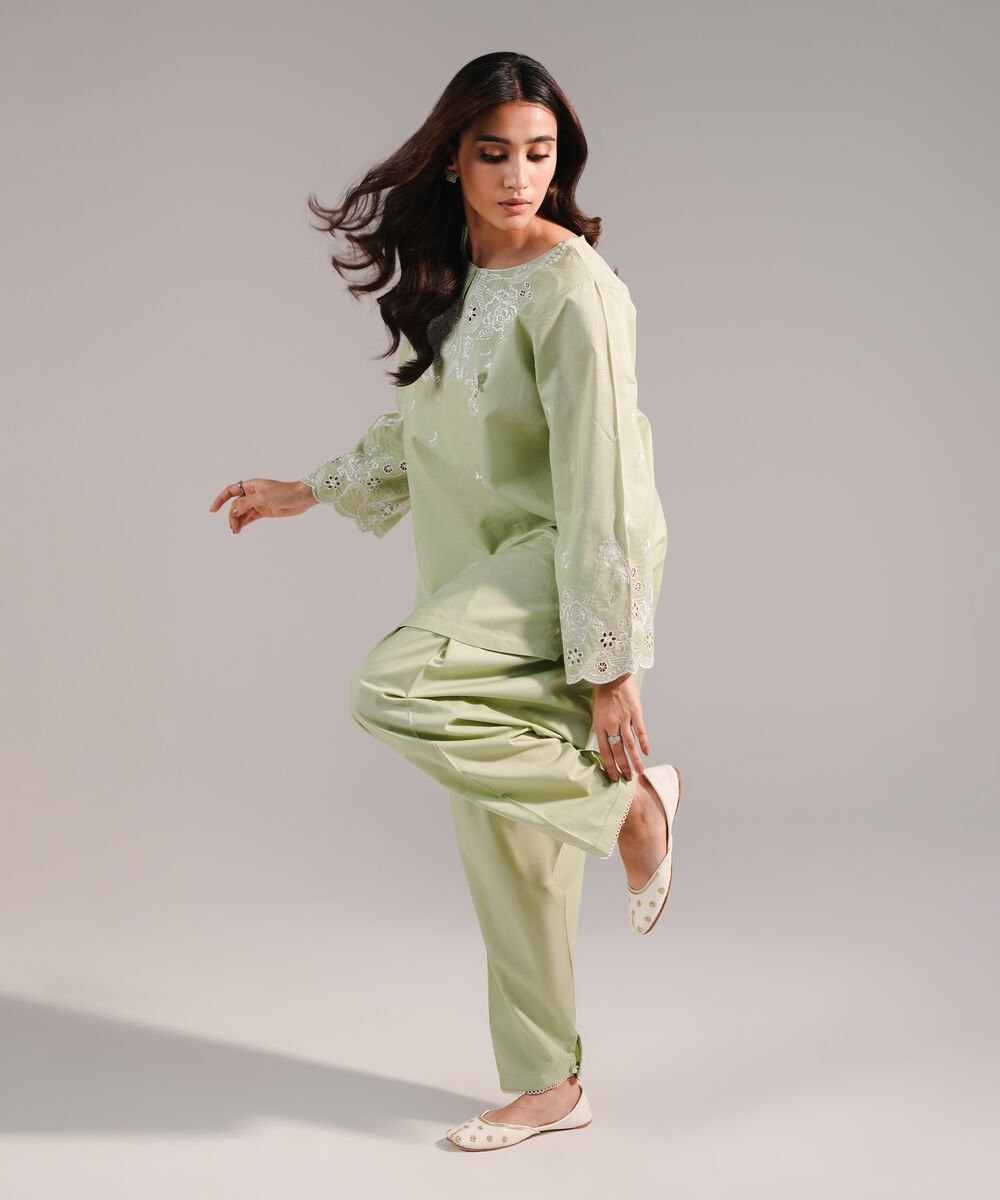 Women's RTW Crosshatch Embroidered Mint Green Straight Shirt
