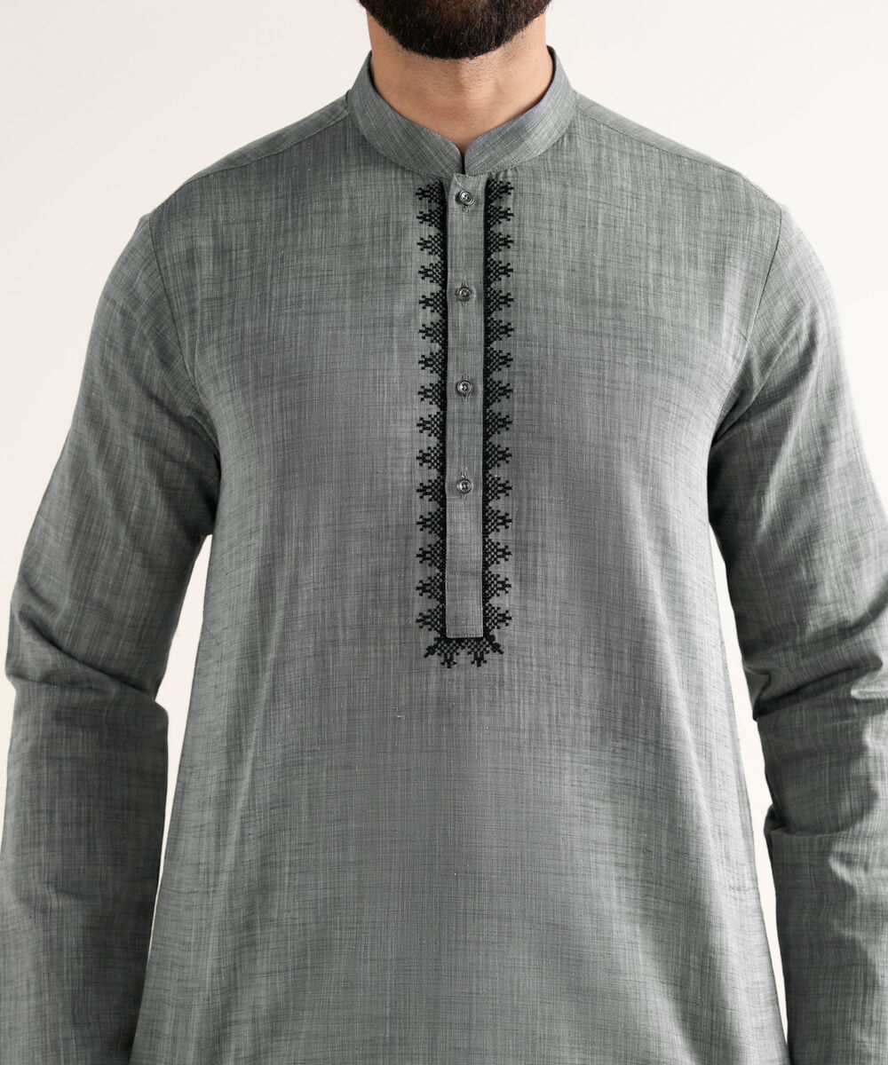 Men's Yarndyed Wash & Wear Embroidered Grey Kurta