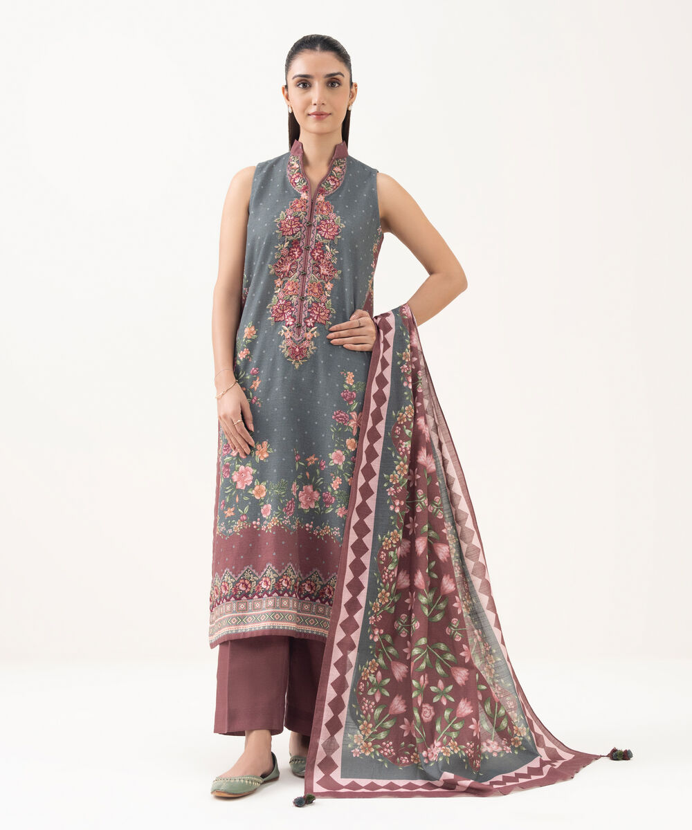 Women's Unstitched Khaddar Embroidered Multi 3 Piece Suit