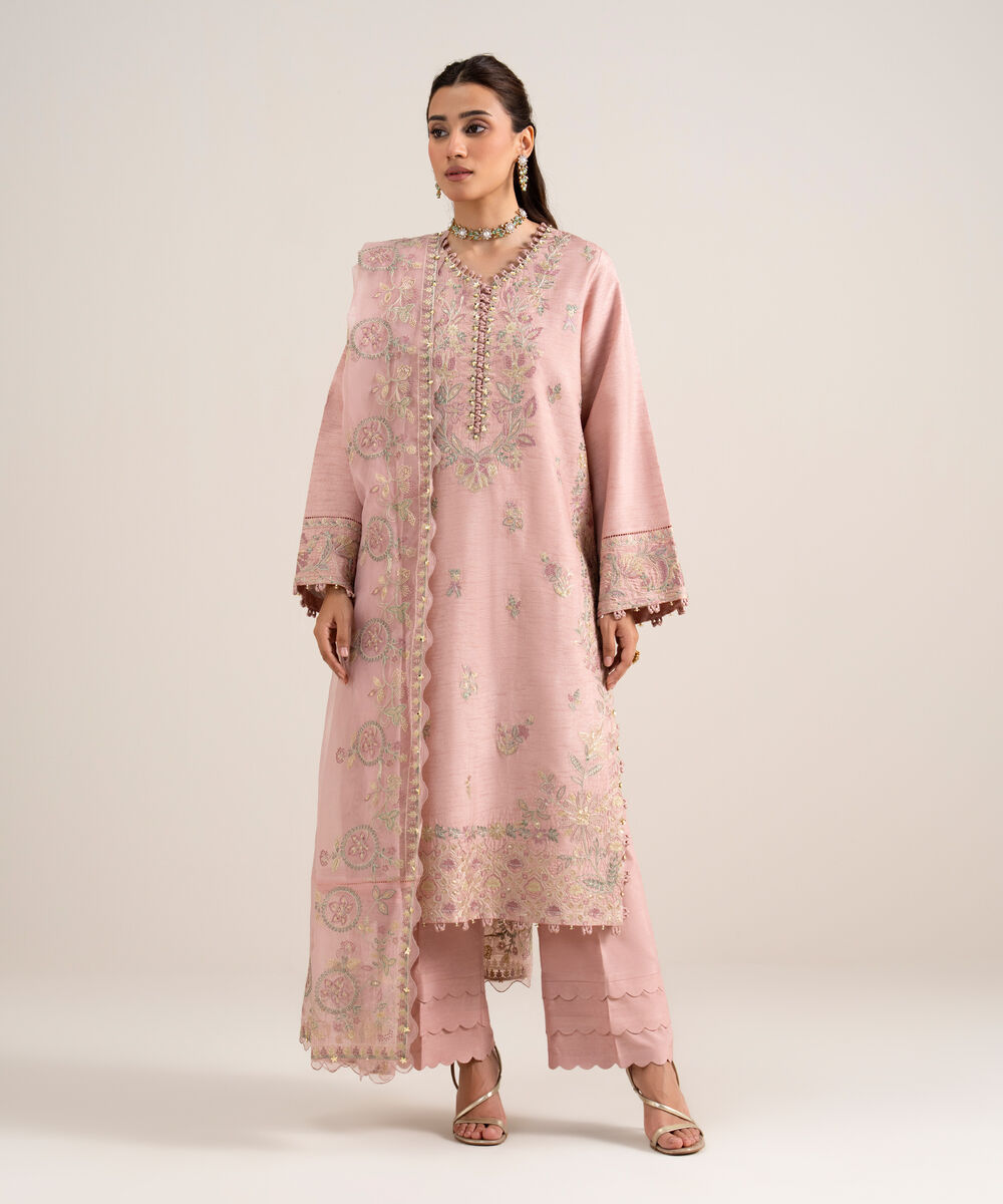 Women's Unstitched Embroidered Viscose Raw Silk Teal Pink 3 Piece Suit