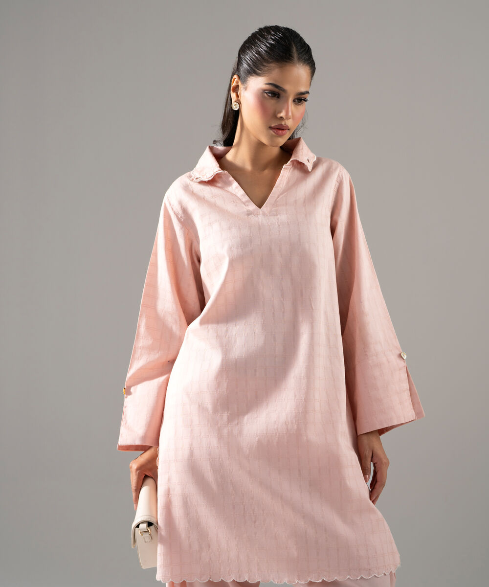 Women's RTW 3D Dobby Solid Powder Pink Straight Shirt