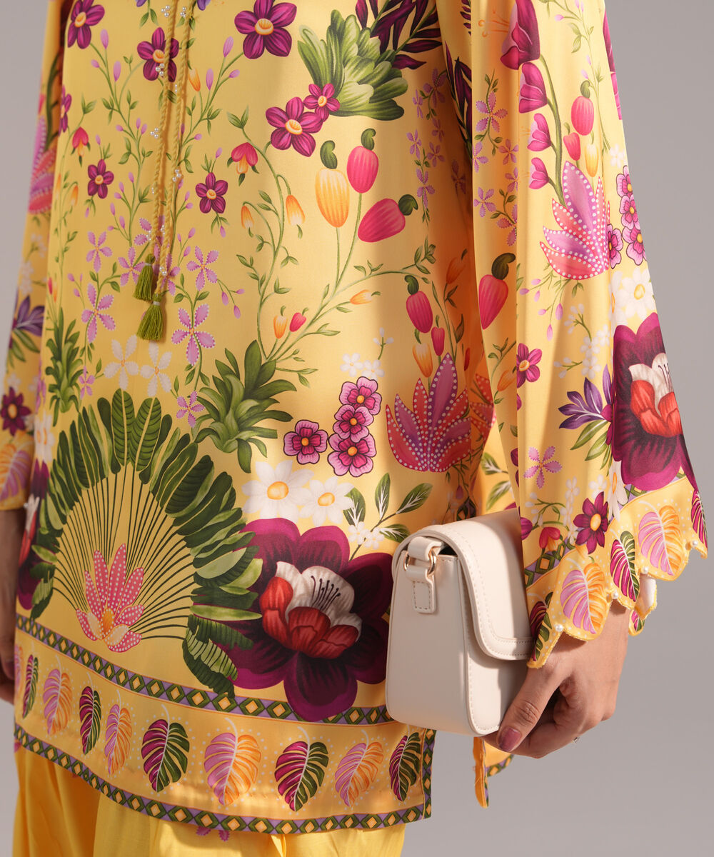 Women's RTW Blended Satin Printed Yellow 2 Piece Suit