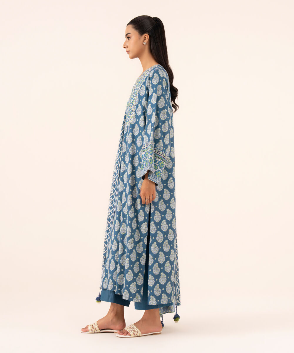 Women's Unstitched Linen Embroidered Blue 3 Piece Suit