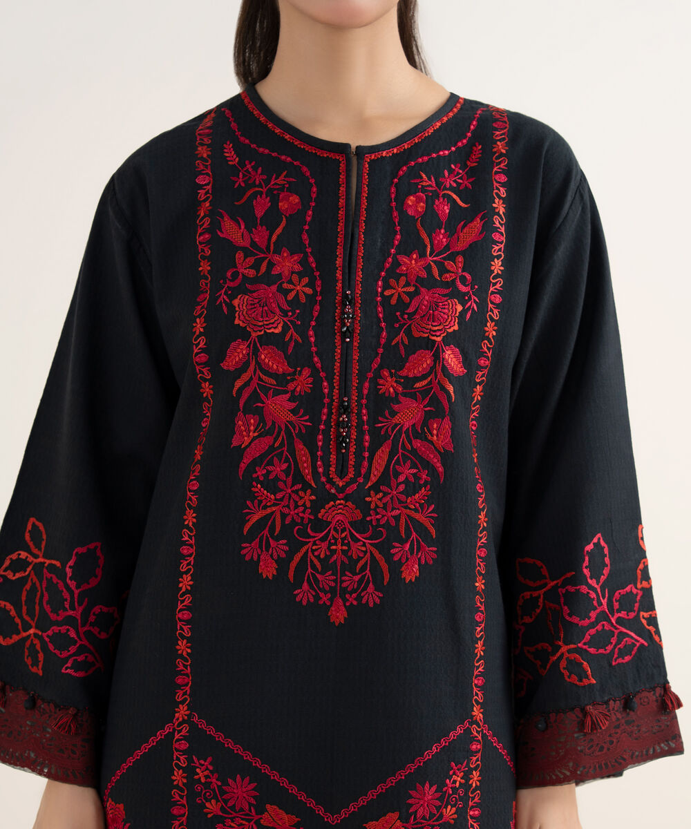 Women's Unstitched Embroidered Dobby Black & Red 3 Piece Suit