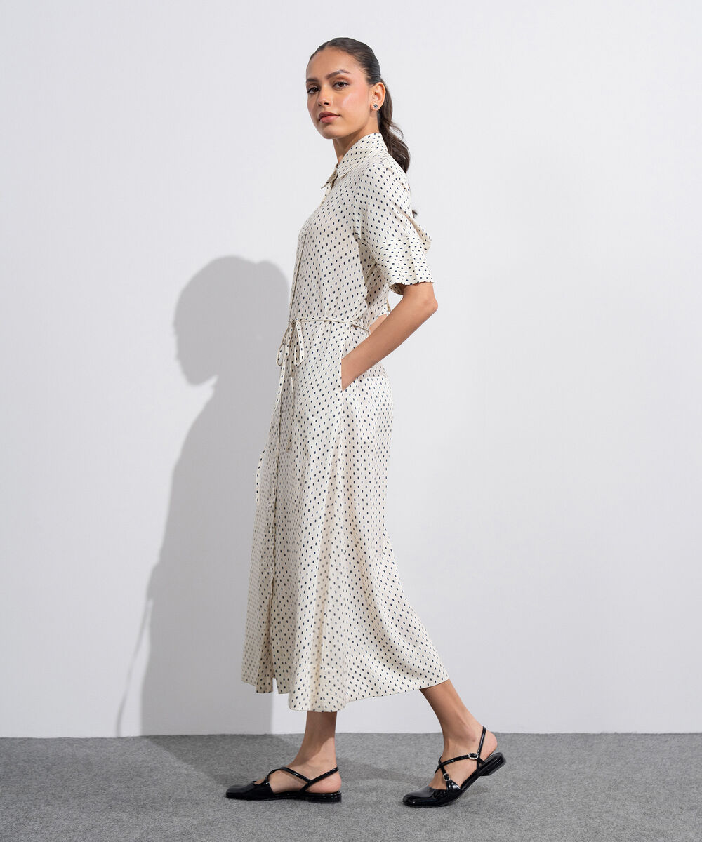 Women's Western White And  Black Polka Dots Flowy Dress