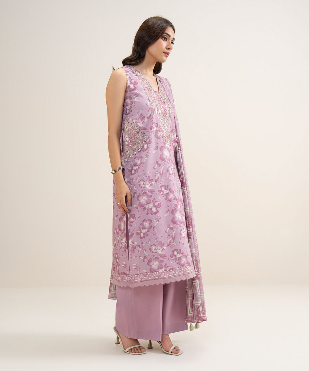 Women's Unstitched Lawn Embroidered Purple 3 Piece Suit