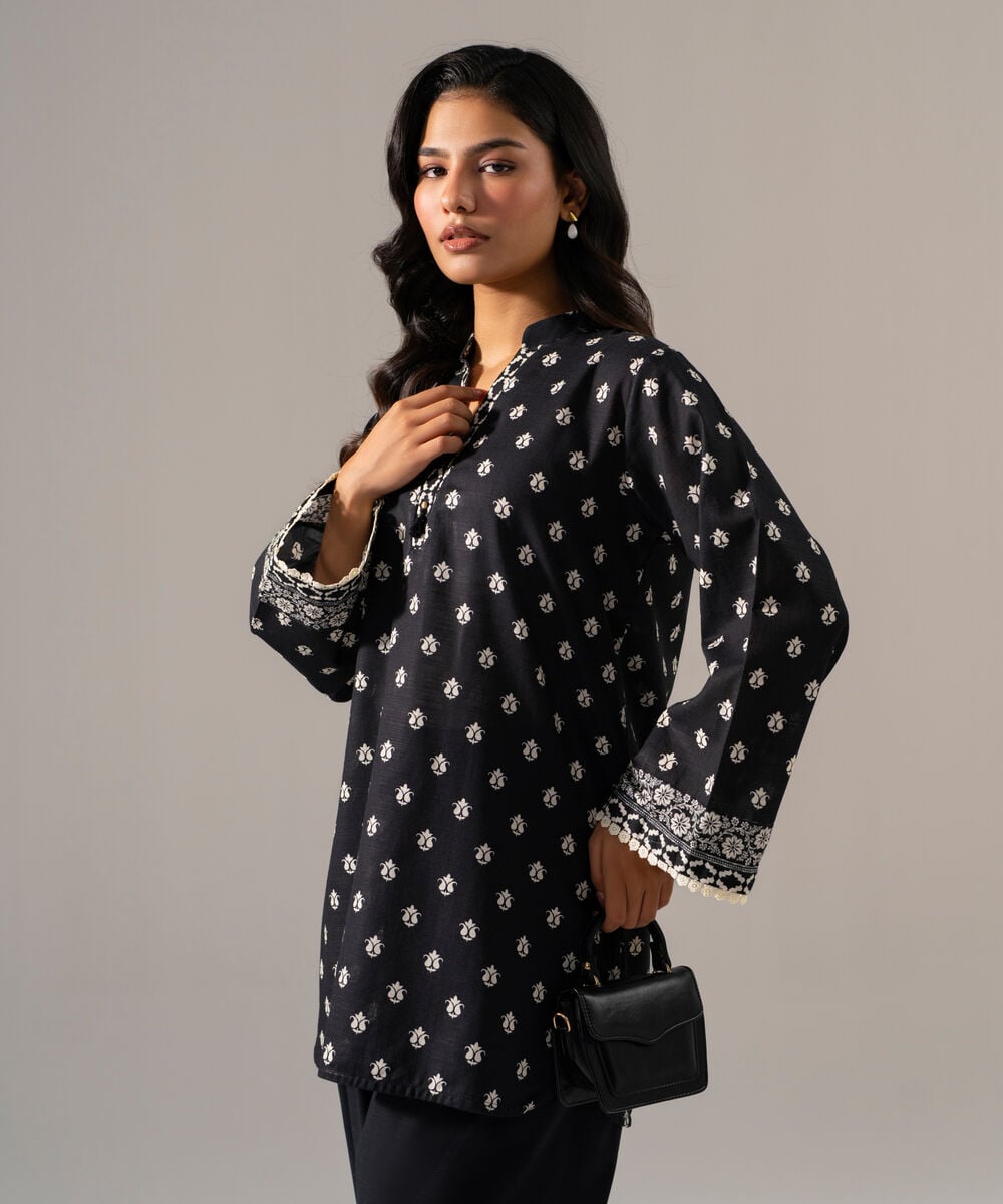 Women's RTW Khaddar Printed Black Straight Shirt