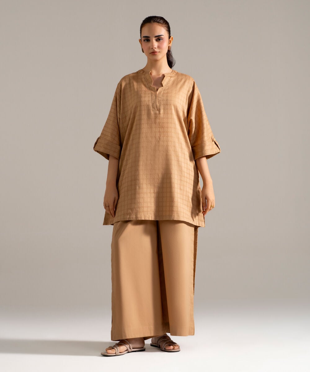 Women's RTW Dobby Printed Beige Drop Shoulder Shirt