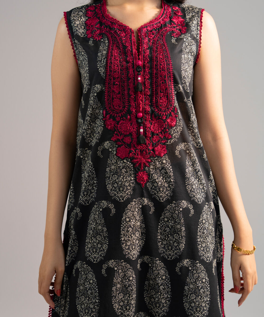 Women's RTW Lawn Embroidered Black Straight Shirt
