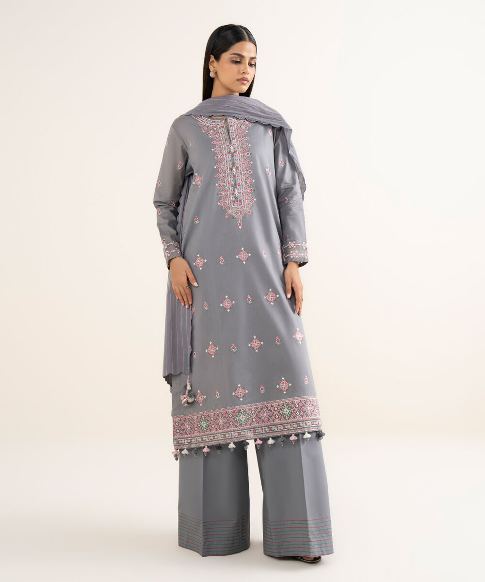 Women's Unstitched Embroidered Cotton Grey 3 Piece Suit