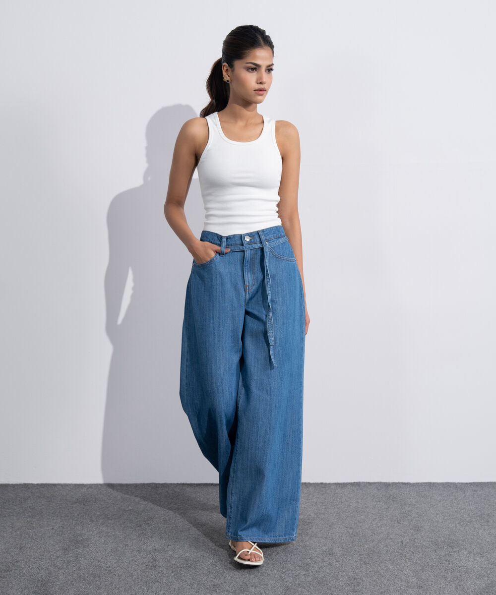Women's Western Mid Blue Wash Baggy Loose Jeans