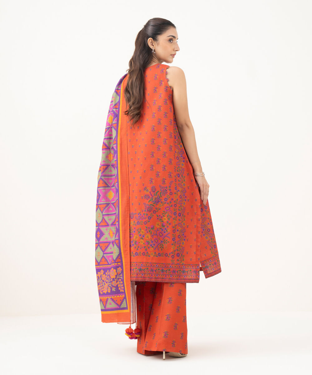 Women's Unstitched Khaddar Printed Orange   3 Piece Suit