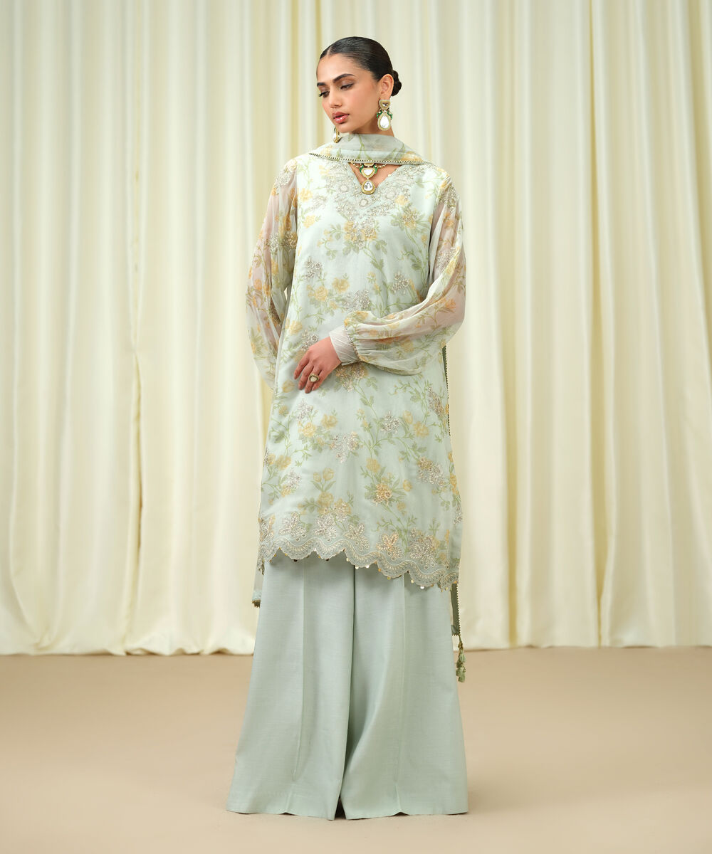 Women's Unstitched Blended Chiffon Embroidered Blue 3 Piece Suit