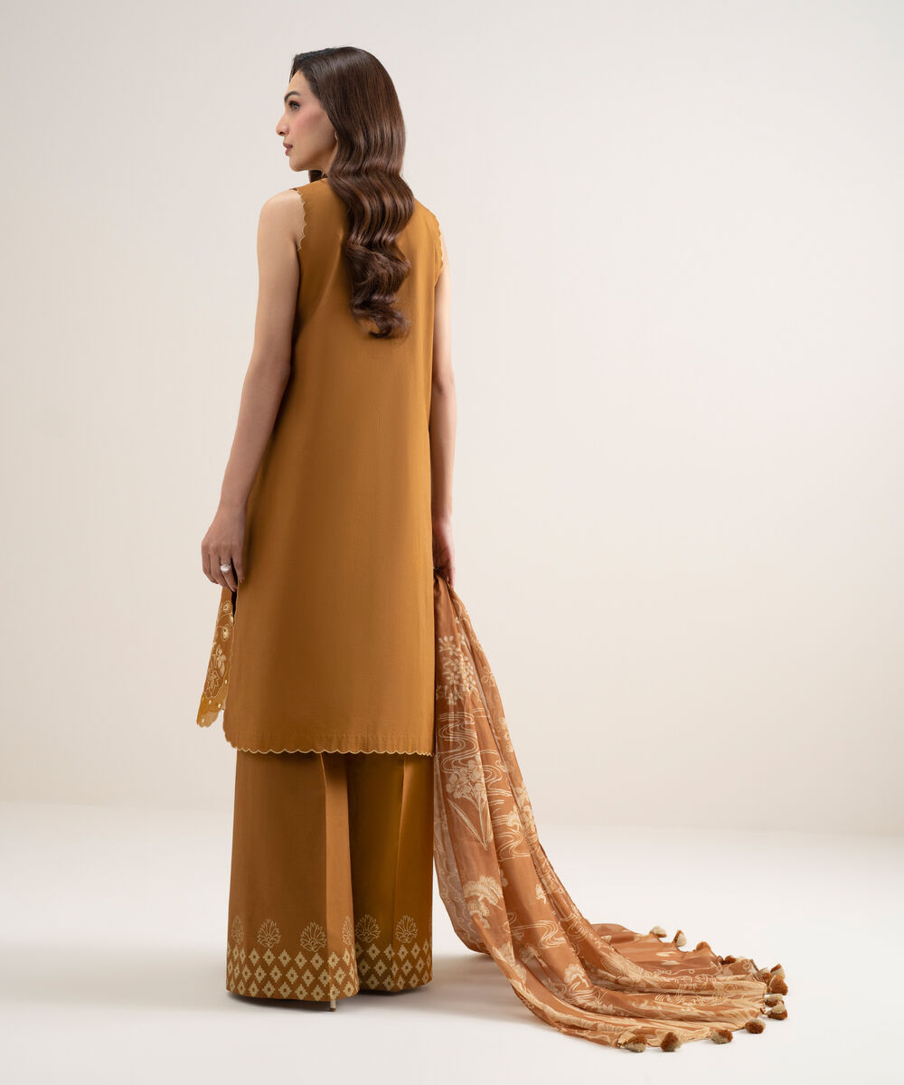 Women's Unstitched Slub Lawn Embroidered Mustard 3 Piece Suit