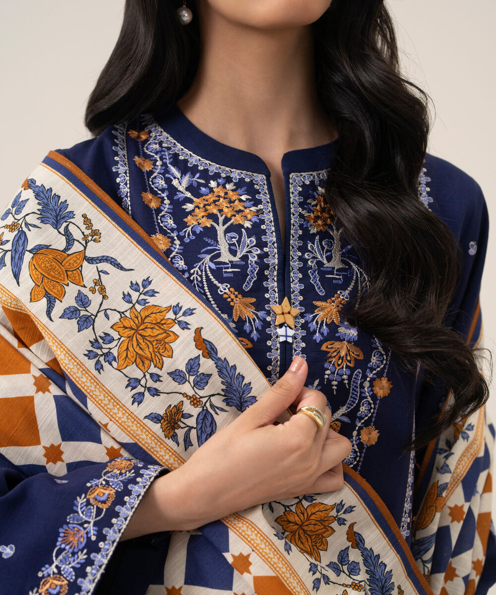 Women's Unstitched Basic Khaddar Embroidered Blue 3 Piece Suit