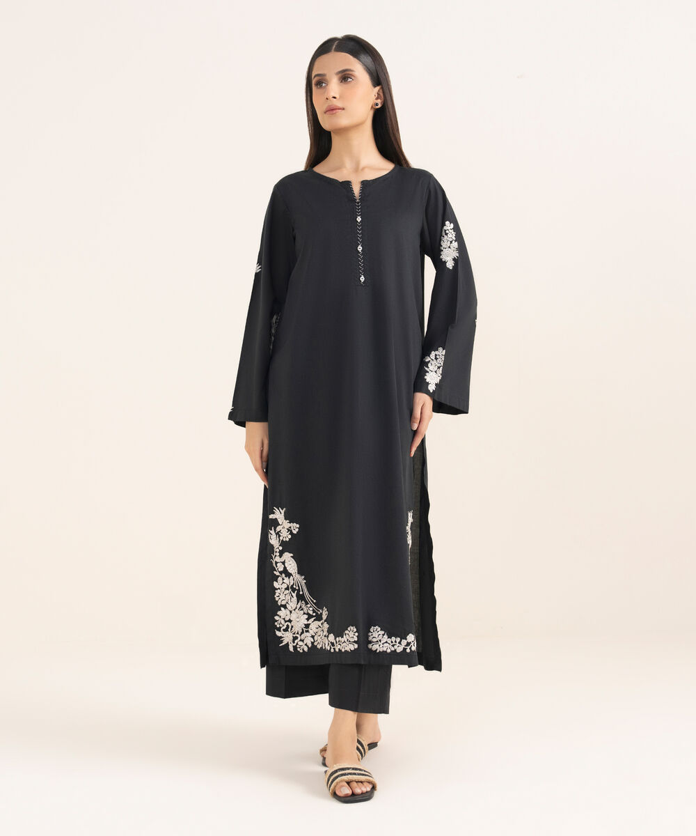 Women's RTW Lawn Viscose Black Embroidered Straight Shirt