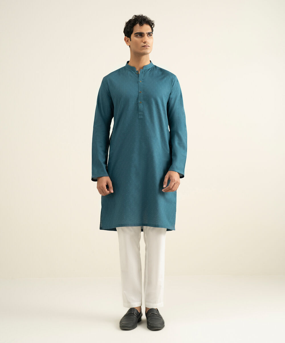 Men's teal Cotton Jacquard Kurta