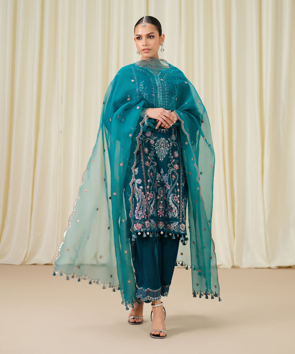 Women's Unstitched Embroidered Velvet Teal Blue 3 Piece Suit