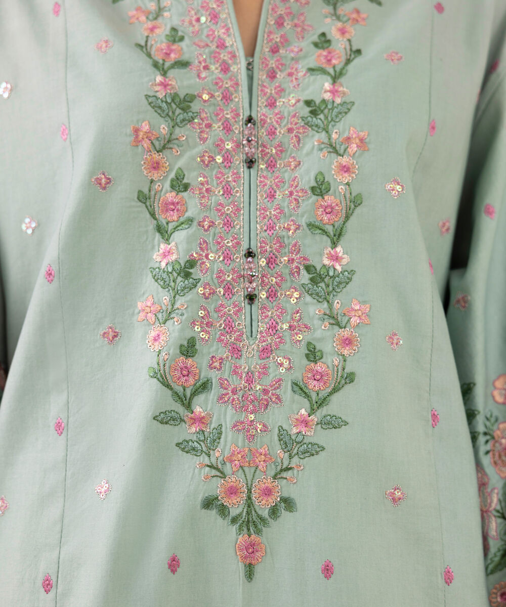 Women's Unstitched Fine Cotton Satin Embroidered Blue 3 Piece Suit