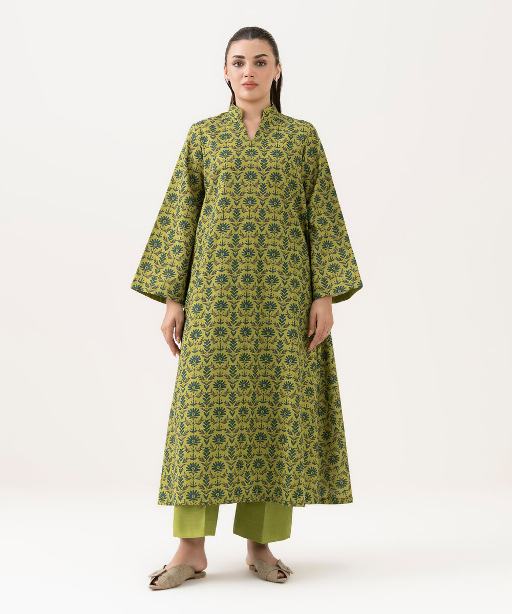 Women's Unstitched Khaddar Printed Green 2 Piece Suit