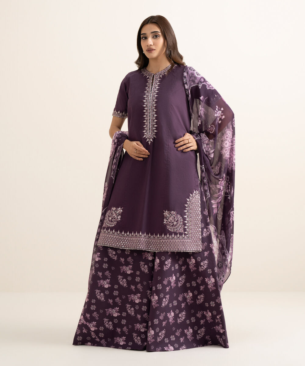 Women's Unstitched Textured Lawn Embroidered Purple 3 Piece Suit