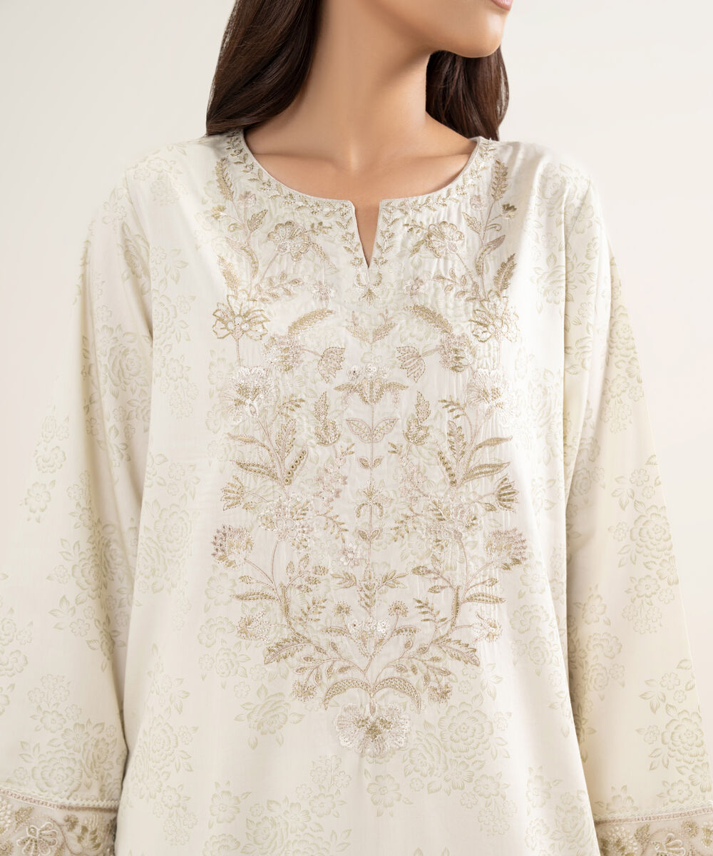 Women's RTW Lawn Embroidered Beige A-Line Shirt