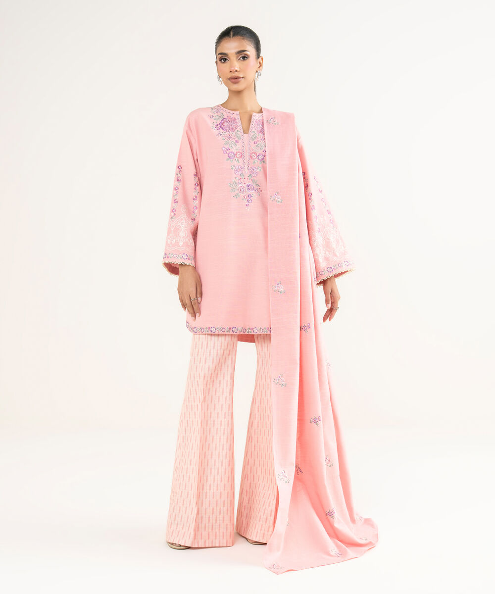 Women's Unstitched Cotton Embroidered Pink 3 Piece Suit