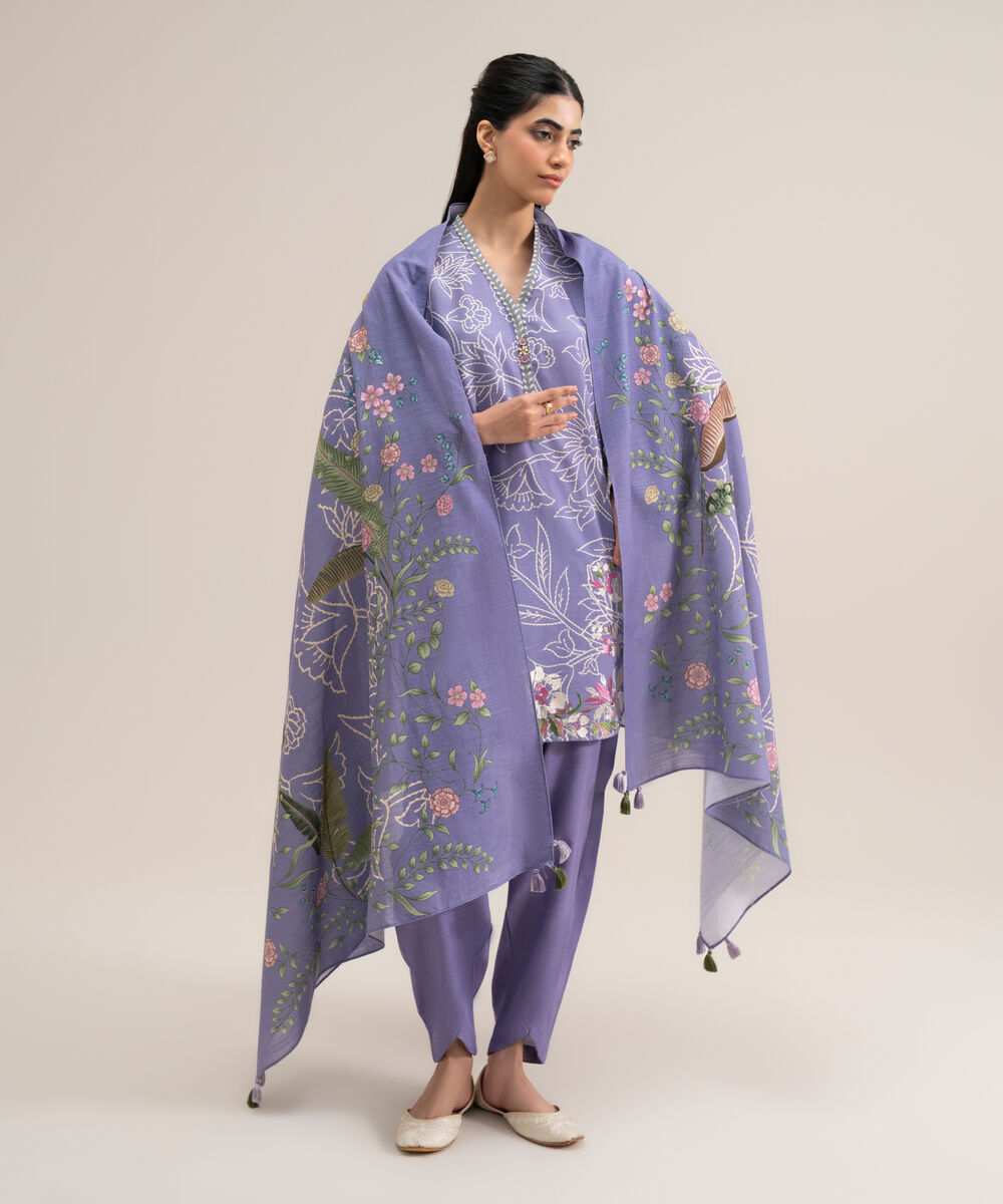Women's Unstitched Premium Khaddar Embroidered Lilac 3 Piece Suit