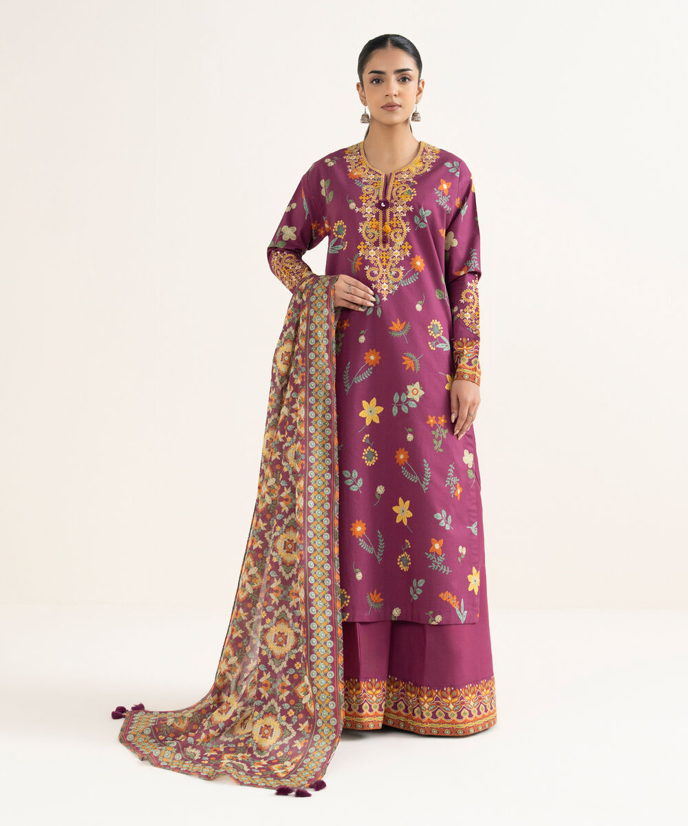 Women's Unstitched Cotton Embroidered Multi 3 Piece Suit