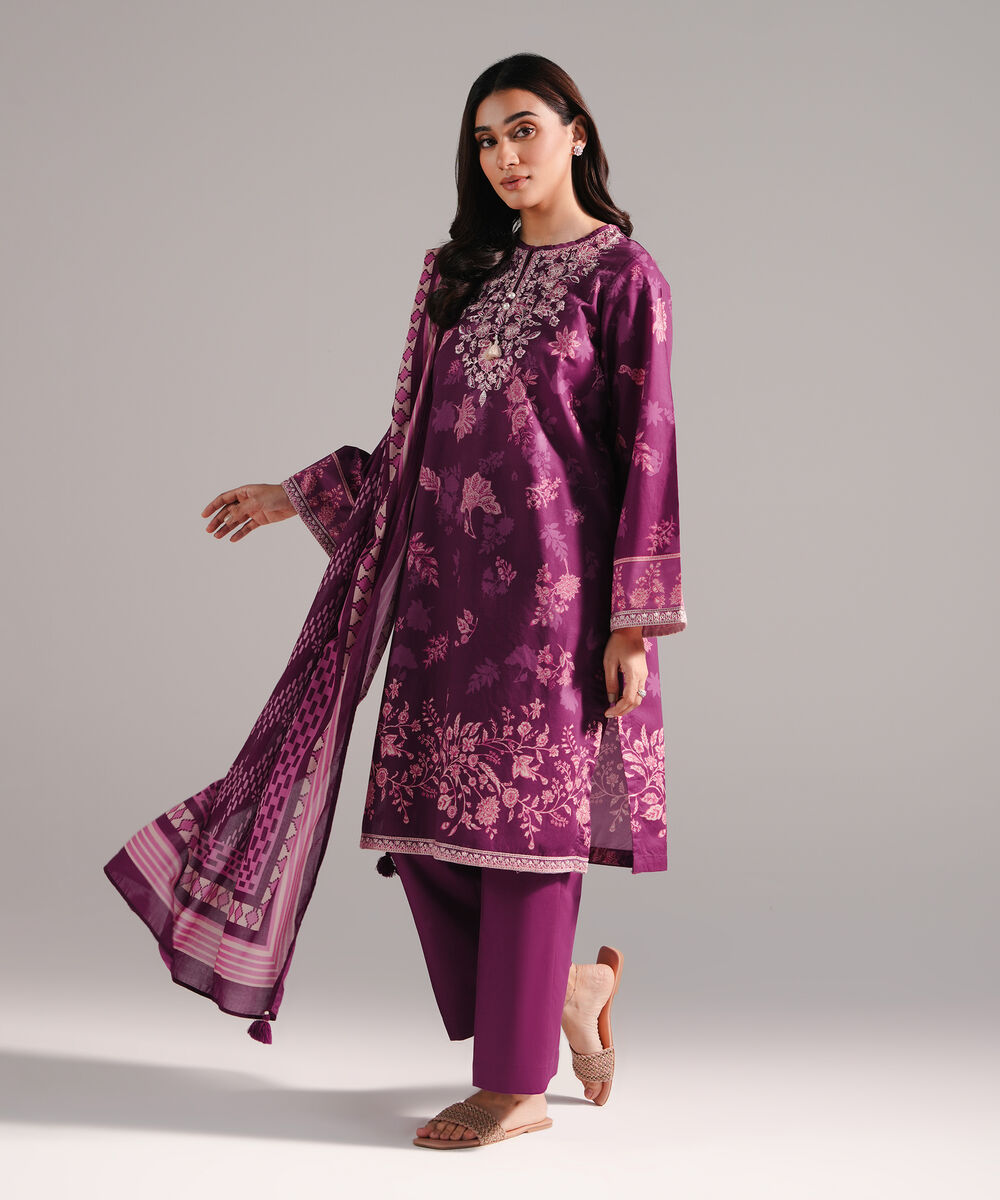 Women's RTW Lawn Printed Purple 3 Piece Suit