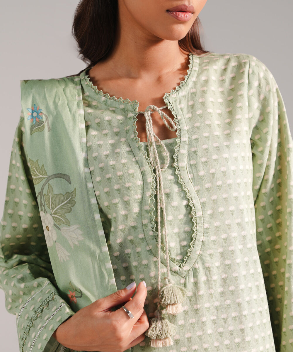 Women's RTW Dobby Printed Green 2 Piece Suit