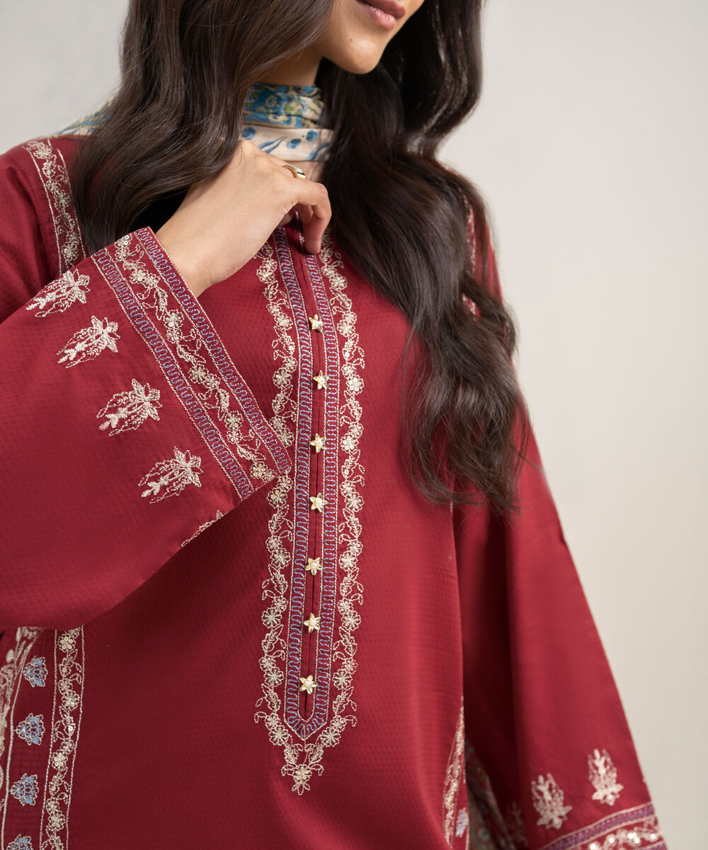 Women's RTW Dobby Embroidered Maroon 3 Piece Suit