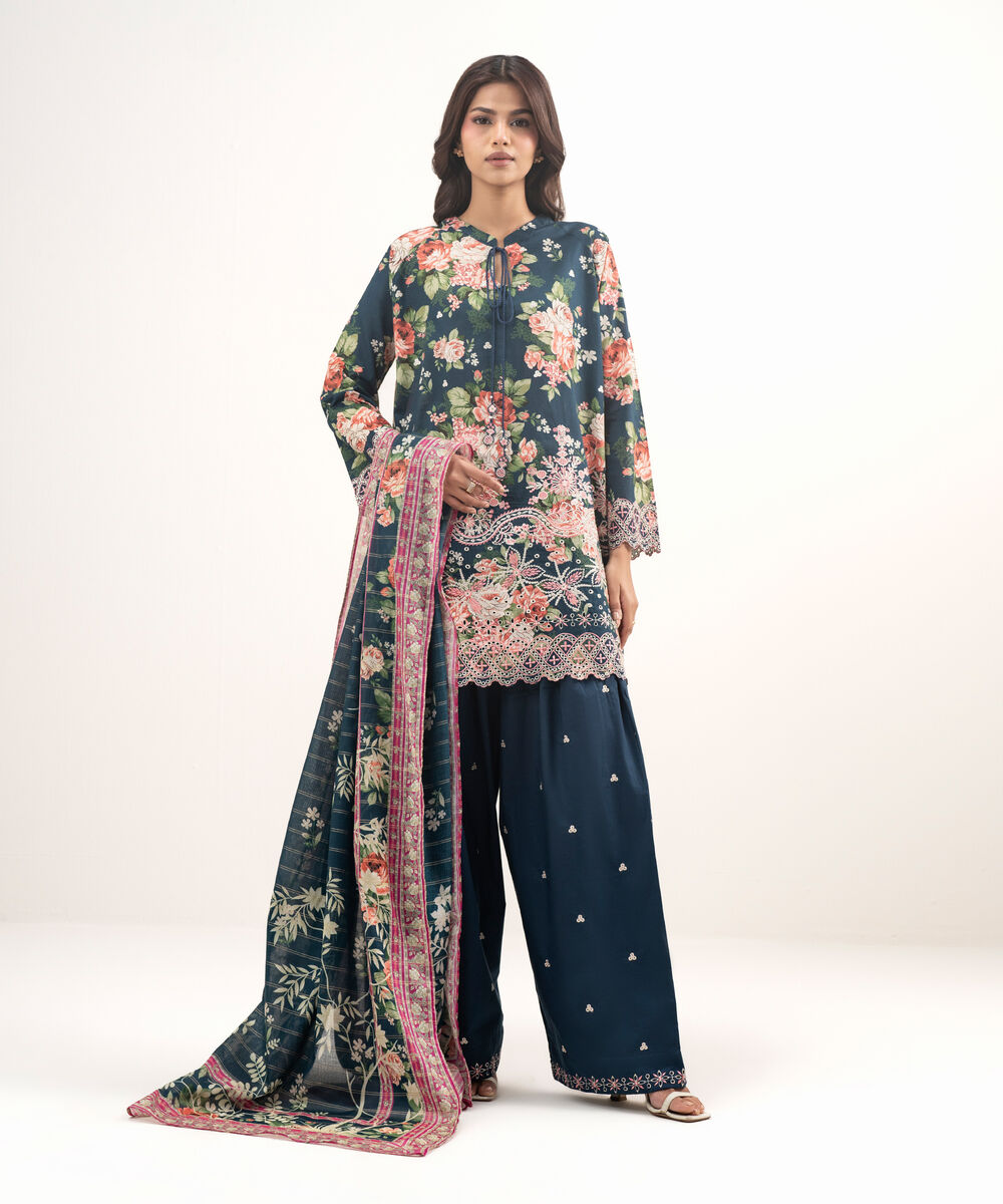 Women's RTW Lawn Embroidered Dark Blue 3 Piece Suit